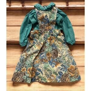 Handmade Vintage Green Brown Blue Floral Doll Pinafore Dress